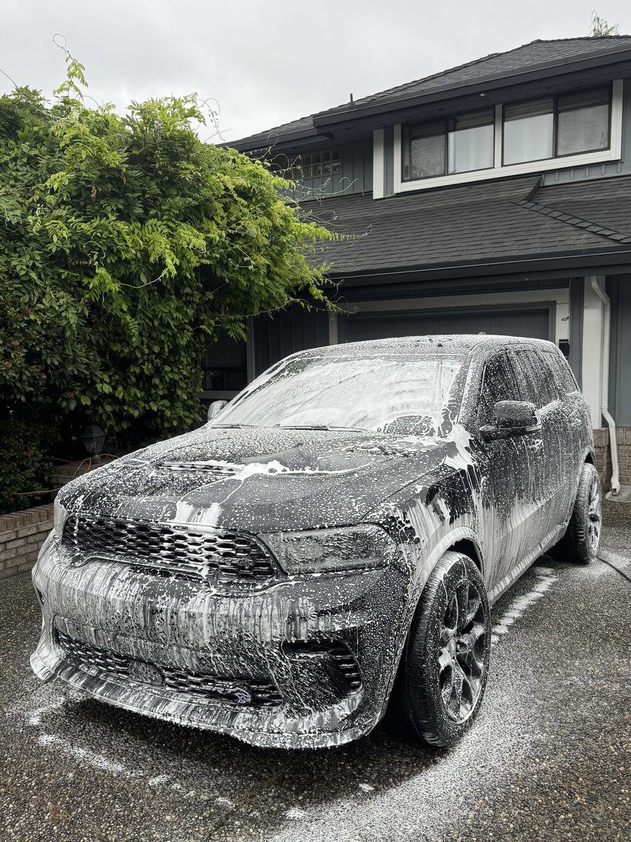 Dodge Durango SRT Hellcat covered in foam during an Exterior Wash & Wax
